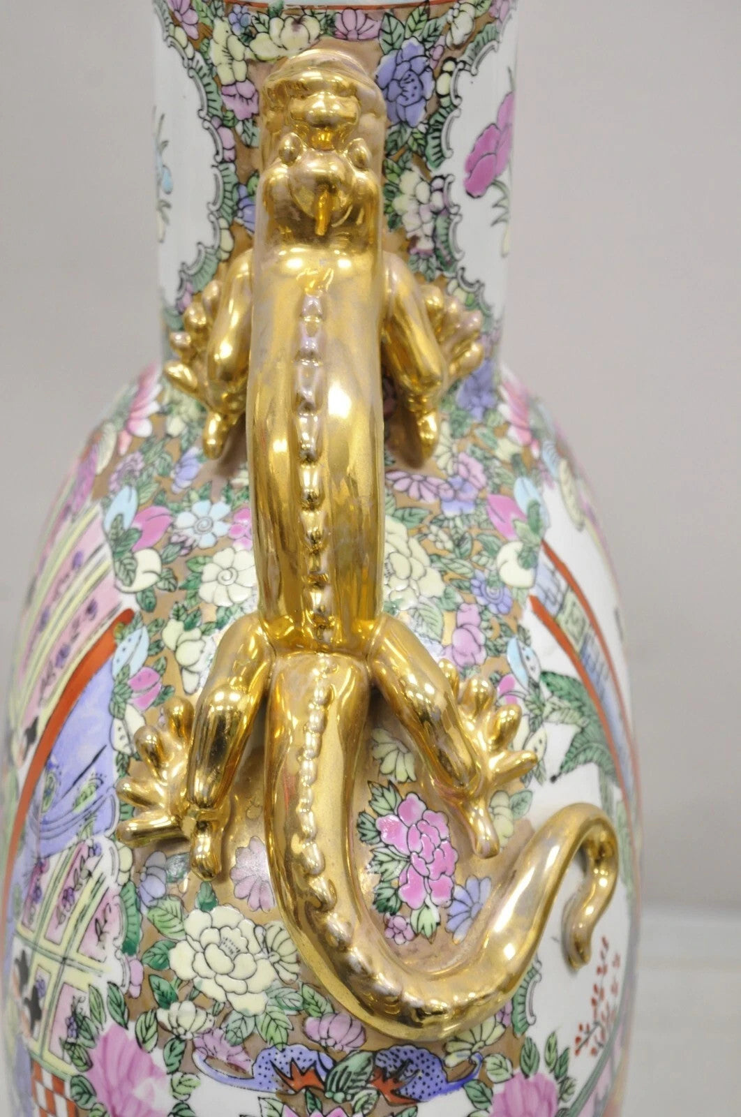 Vintage Chinese Famille Rose Porcelain Figural Orange Moon Flask Vase w/ Dragons