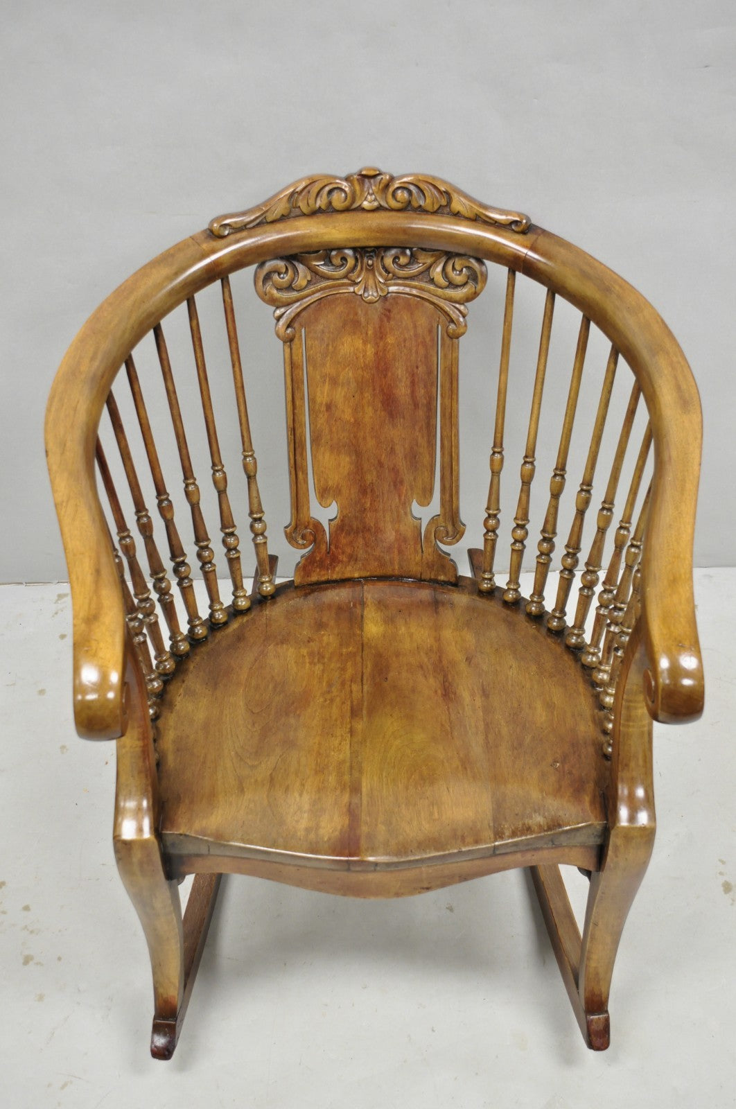 Antique American Victorian Carved Walnut Spindle Back Rocker Rocking Chair