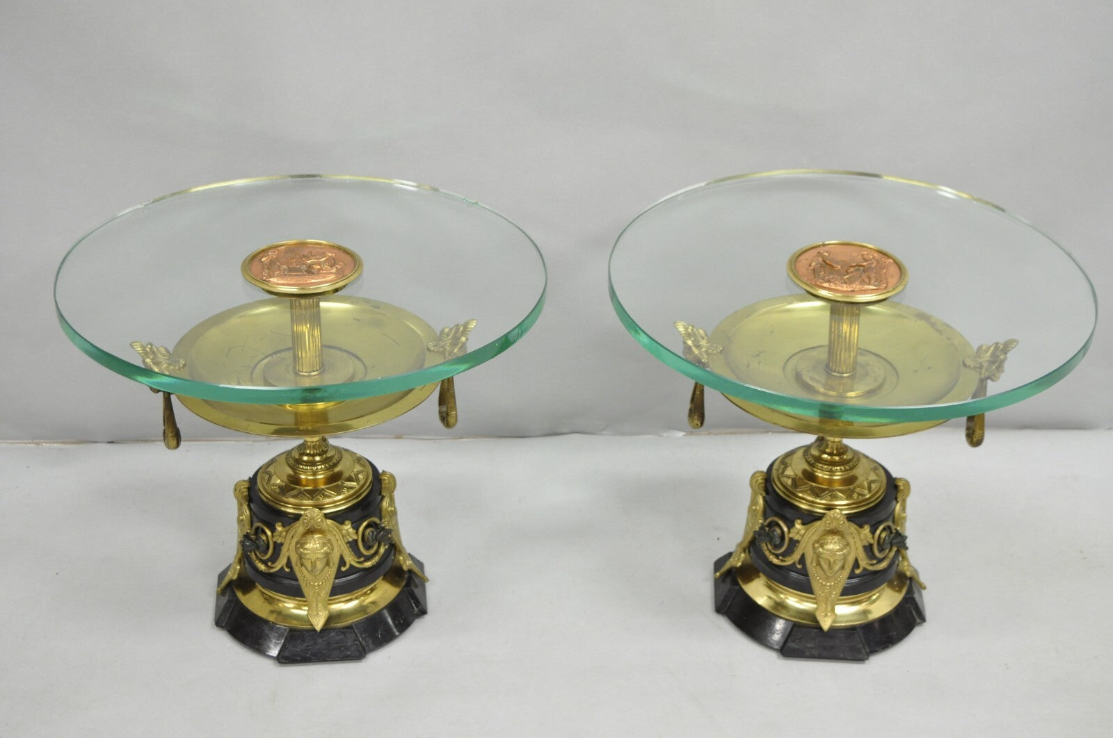 French Empire Figural Bronze and Marble Round Glass Tazza Low Side Tables - Pair