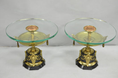 French Empire Figural Bronze and Marble Round Glass Tazza Low Side Tables - Pair