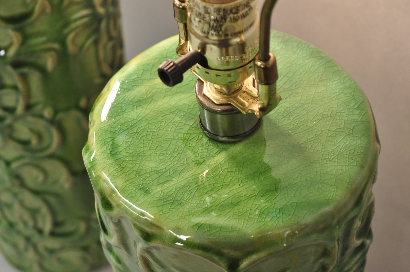 Contemporary Modern Green Glazed Ceramic Scroll Decorated Table Lamps - a Pair