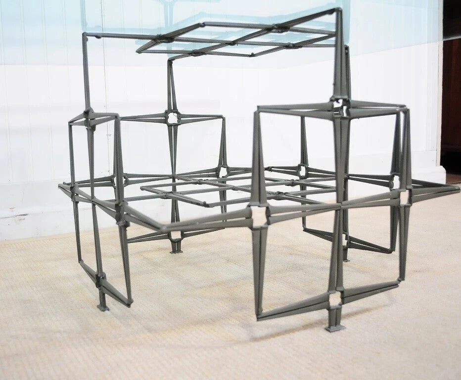 Trimark Mid Century Modern Green Brutalist Steel Nail Square Glass Coffee Table