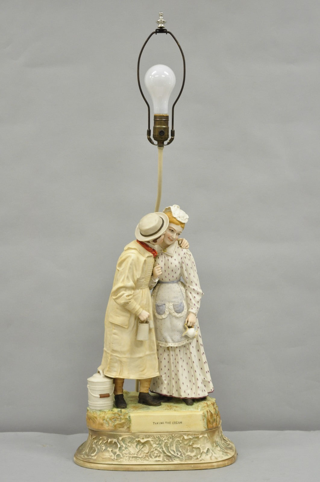 Antique Large Victorian Bisque "Taking The Cream" Porcelain Figure Table Lamp