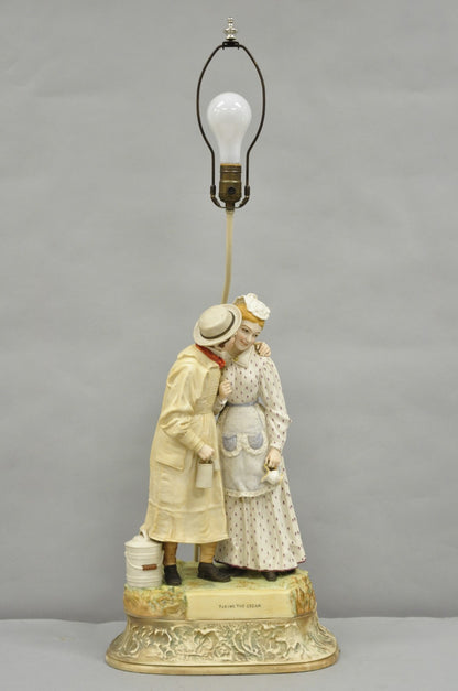 Antique Large Victorian Bisque "Taking The Cream" Porcelain Figure Table Lamp