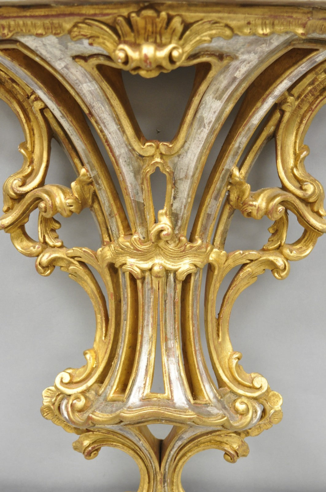Vintage Italian Rococo Silver & Gold Giltwood Carved Large Wall Shelf Bracket