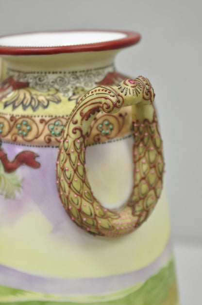 Antique Nippon Hand Painted Porcelain Countryside Moriage Tall Twin Handle Vase