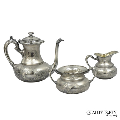 Antique EG Webster English Art Nouveau Silver Plated Repousse Tea Set - 3 Pc Set