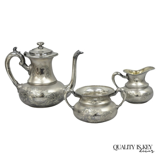 Antique EG Webster English Art Nouveau Silver Plated Repousse Tea Set - 3 Pc Set