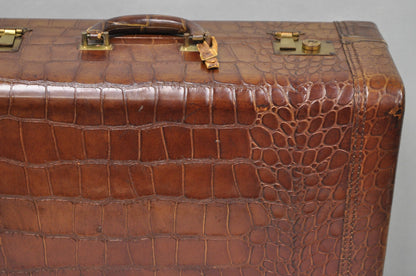 Vintage Art Deco Brown Leather Faux Crocodile Hard Case Suitcase Luggage
