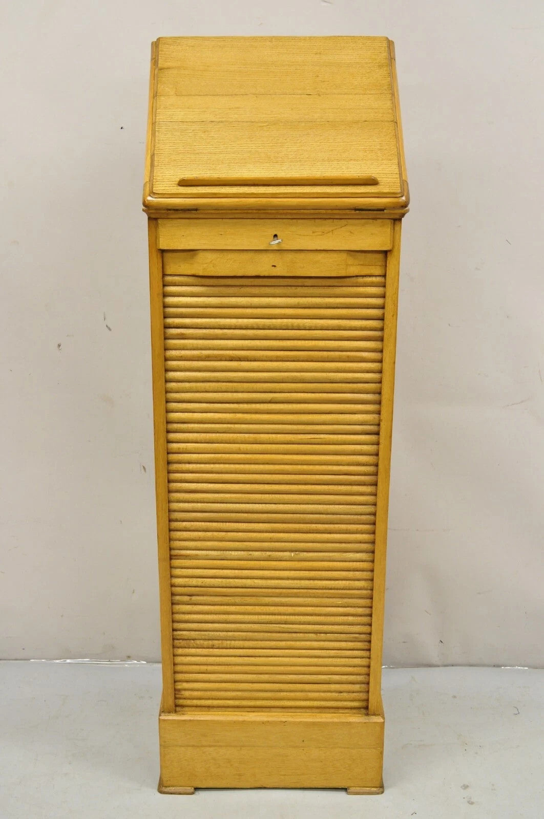 Antique Arts & Crafts Oak & Maple Tambour Shutter Door Lectern Filing Cabinet