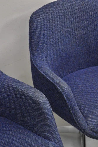 Vintage Mid Century Modern Blue Upholstered Chrome Swivel Base Club Chair - Pair