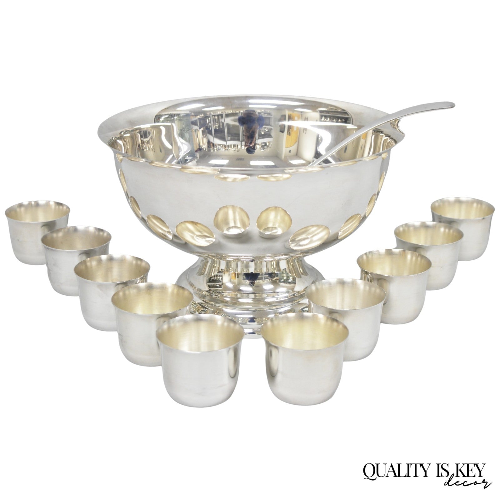 Vintage Sheridan Mid Century Modern Silver Plated Punch Bowl Set w/ 10 Cups