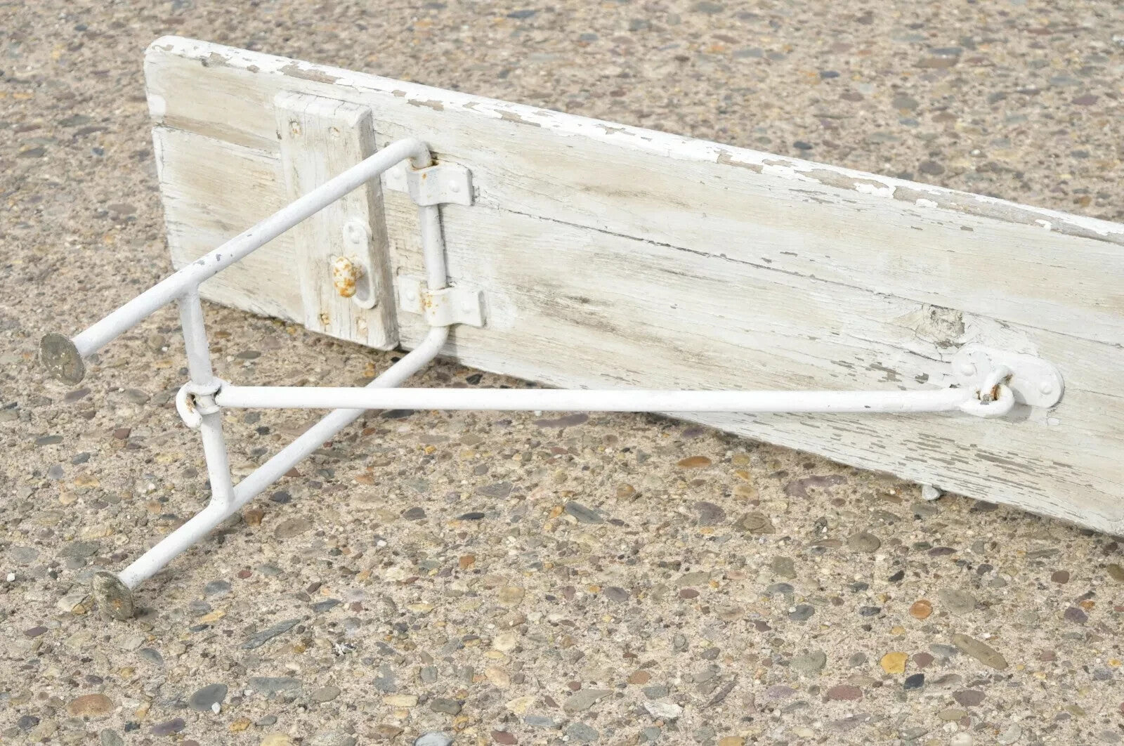 Antique French Industrial 94" Long White Distress Paint Wrought Iron Wood Bench