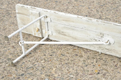 Antique French Industrial 94" Long White Distress Paint Wrought Iron Wood Bench