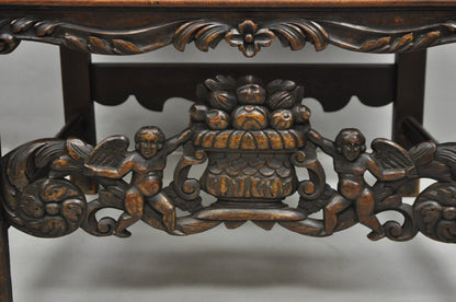 Antique Italian Renaissance Carved Walnut Throne Arm Chair w/ Winged Cherubs