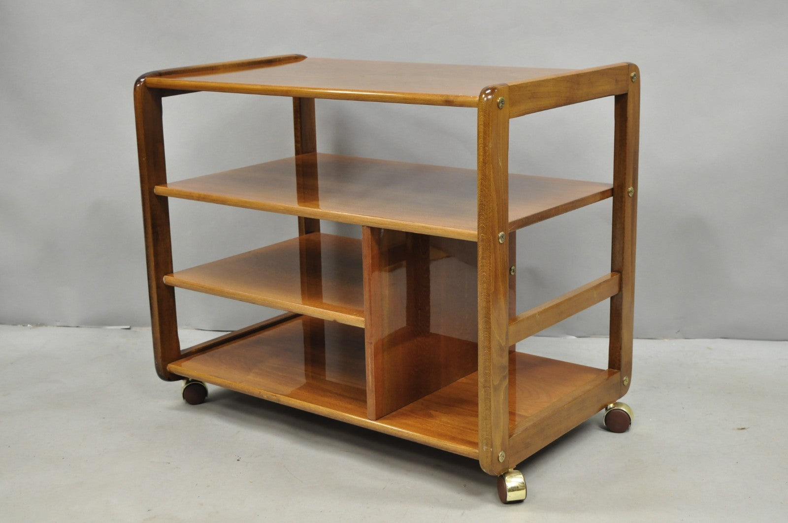 Vintage Mid Century Modern Lacquered Cherry Wood Rolling Cart TV Stand Shelf