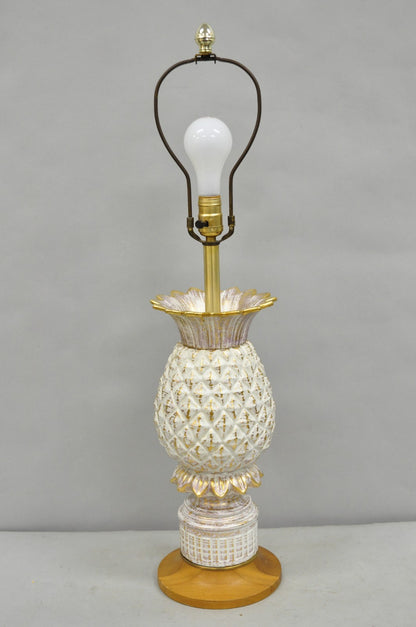 Vintage Italian Hollywood Regency White Porcelain Ceramic Pinneaple Table Lamp