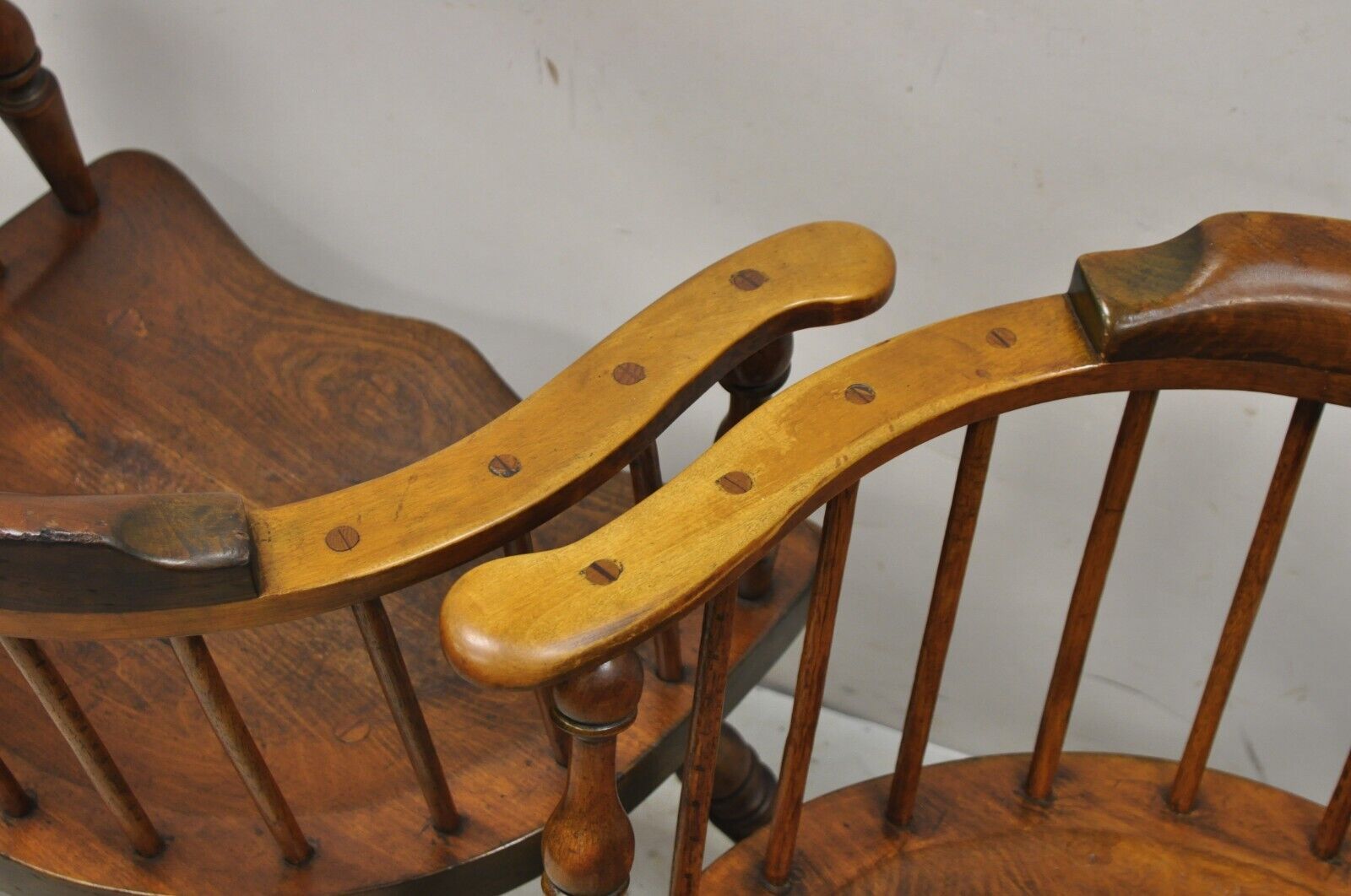 Antique Windsor Colonial Style Pine Wood Spindle Pub Arm Chairs - a Pair