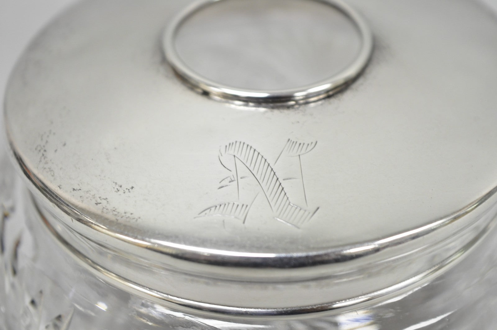 Antique Victorian Sterling Silver Crystal Glass Vanity Hair Receiver "N" Mono