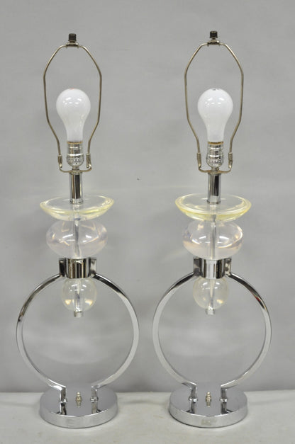 Vintage Postmodern MCM Hivo Van Teal Sculptural Lucite & Chrome Table Lamps Pair