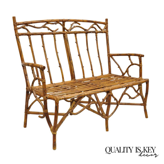 Vintage Rustic Bamboo Rattan Tree Branch Form Adirondack Bench Settee