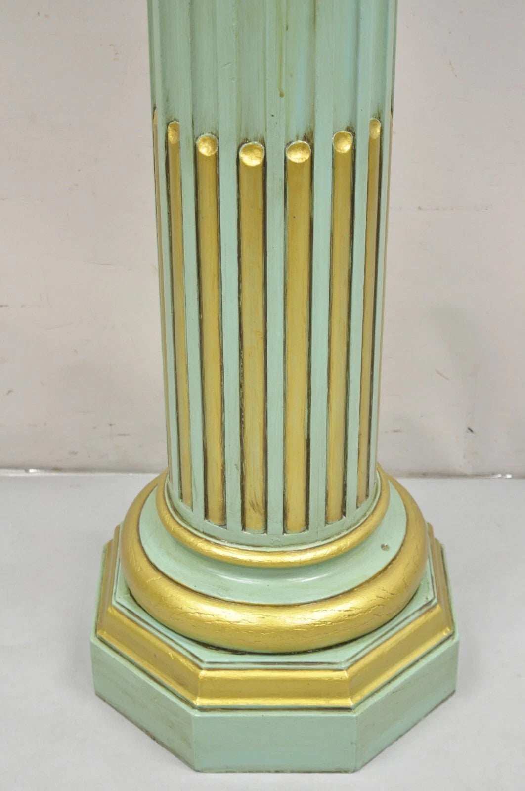 Antique French Empire Neoclassical Green & Gold Painted Wooden Column Pedestal