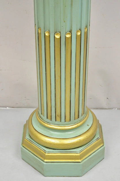 Antique French Empire Neoclassical Green & Gold Painted Wooden Column Pedestal