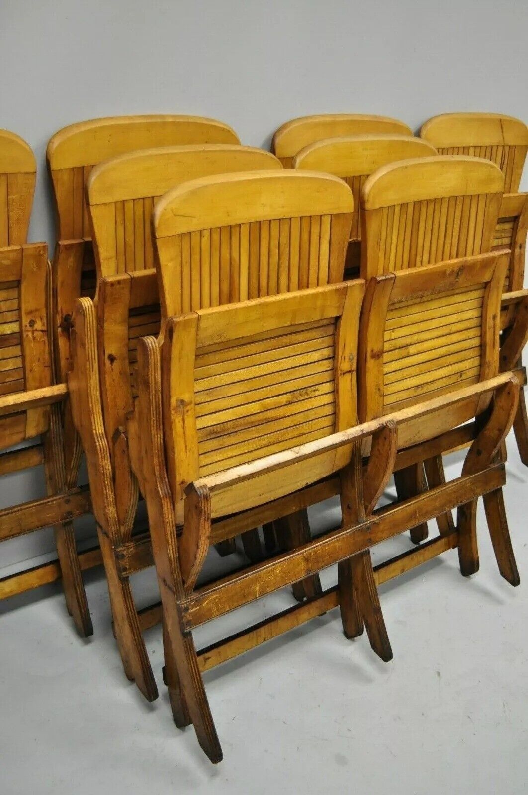 Antique Vintage Wood Slat Double Folding Theater Seat School Chair Old Bench