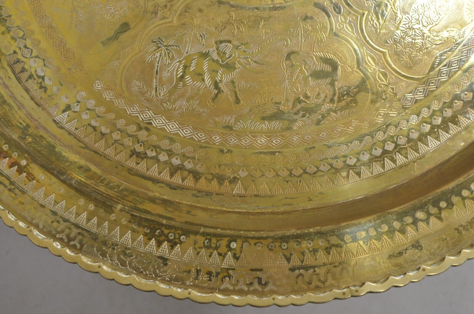 Vintage Chinese Figural Solid Brass Round Animal Engraved 30" Tray Top