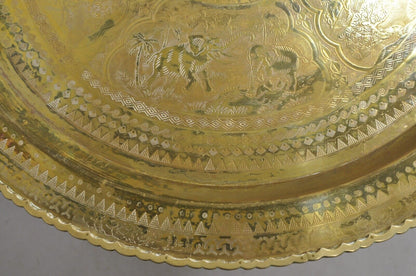 Vintage Chinese Figural Solid Brass Round Animal Engraved 30" Tray Top