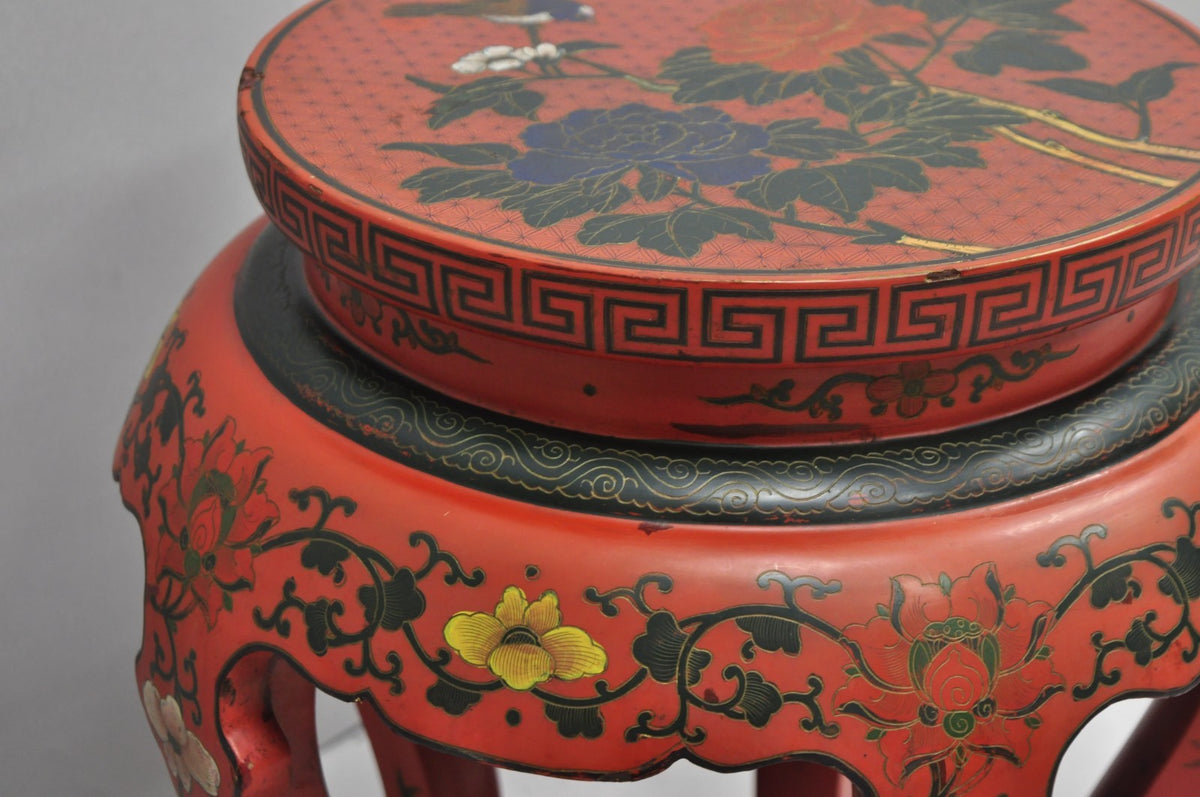 Vintage Chinoiserie Red Lacquer Pedestal Plant Stand Garden Stool Side Table (A)