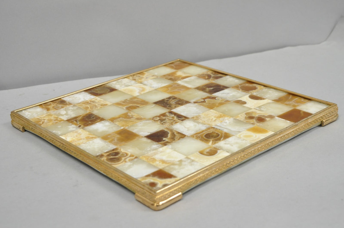 Vintage Mid Century Modern Mosaic Brown Onyx Stone Chess Game Checkerboard