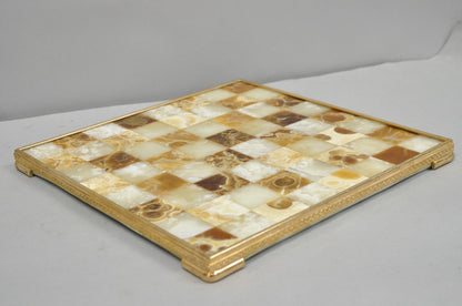 Vintage Mid Century Modern Mosaic Brown Onyx Stone Chess Game Checkerboard