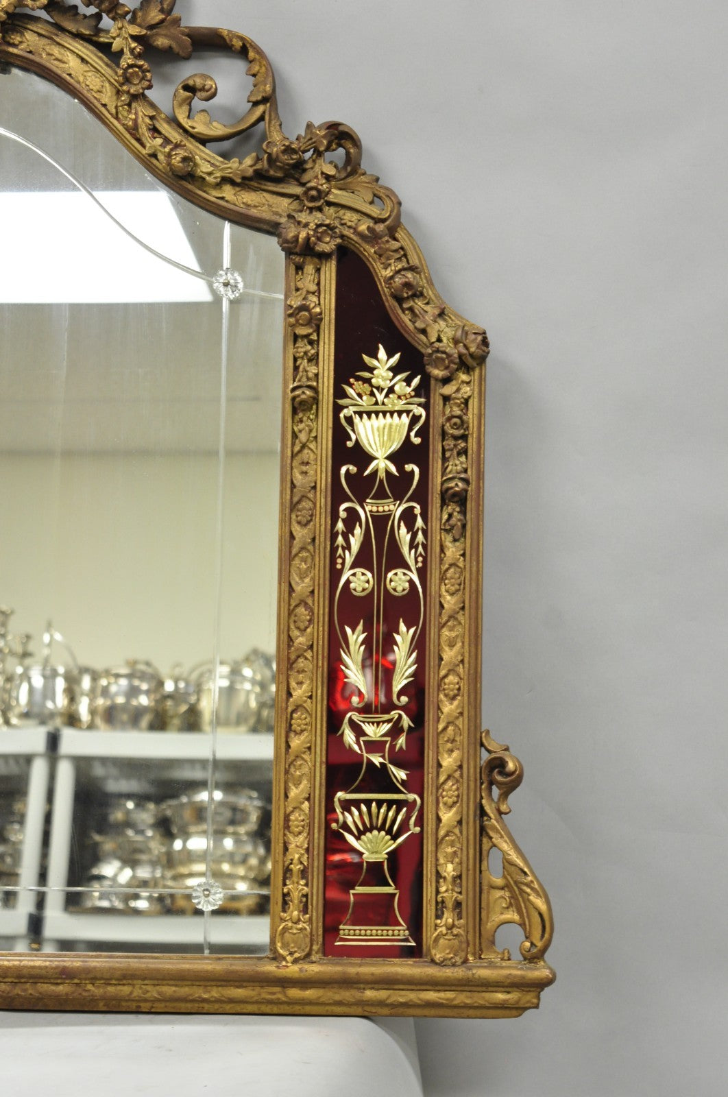 Antique French Neoclassical Baroque Gold Gilt Gesso Red Glass Frame Wall Mirror