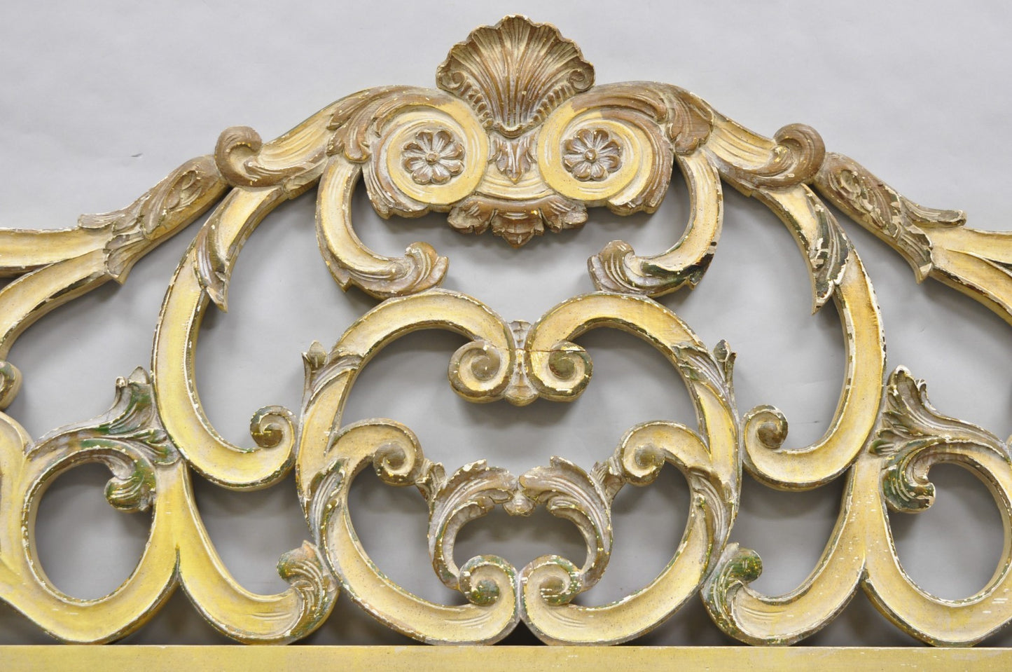 Vintage French Rococo Distressed Cream Painted Queen Size Wood Bed Headboard