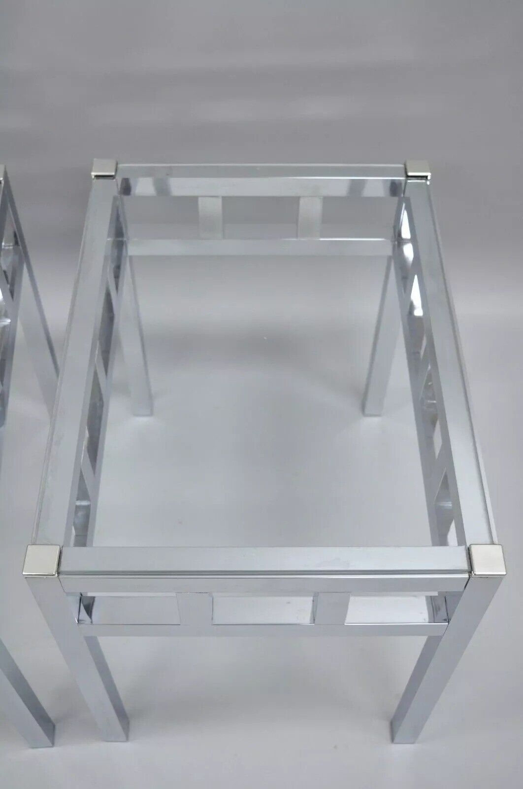 Mid Century Modern Baughman Style Chrome & Glass Rectangle Side Tables - a Pair