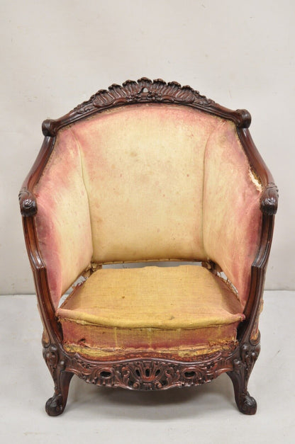 Antique French Art Nouveau Carved Mahogany Bergere Club Lounge Arm Chair