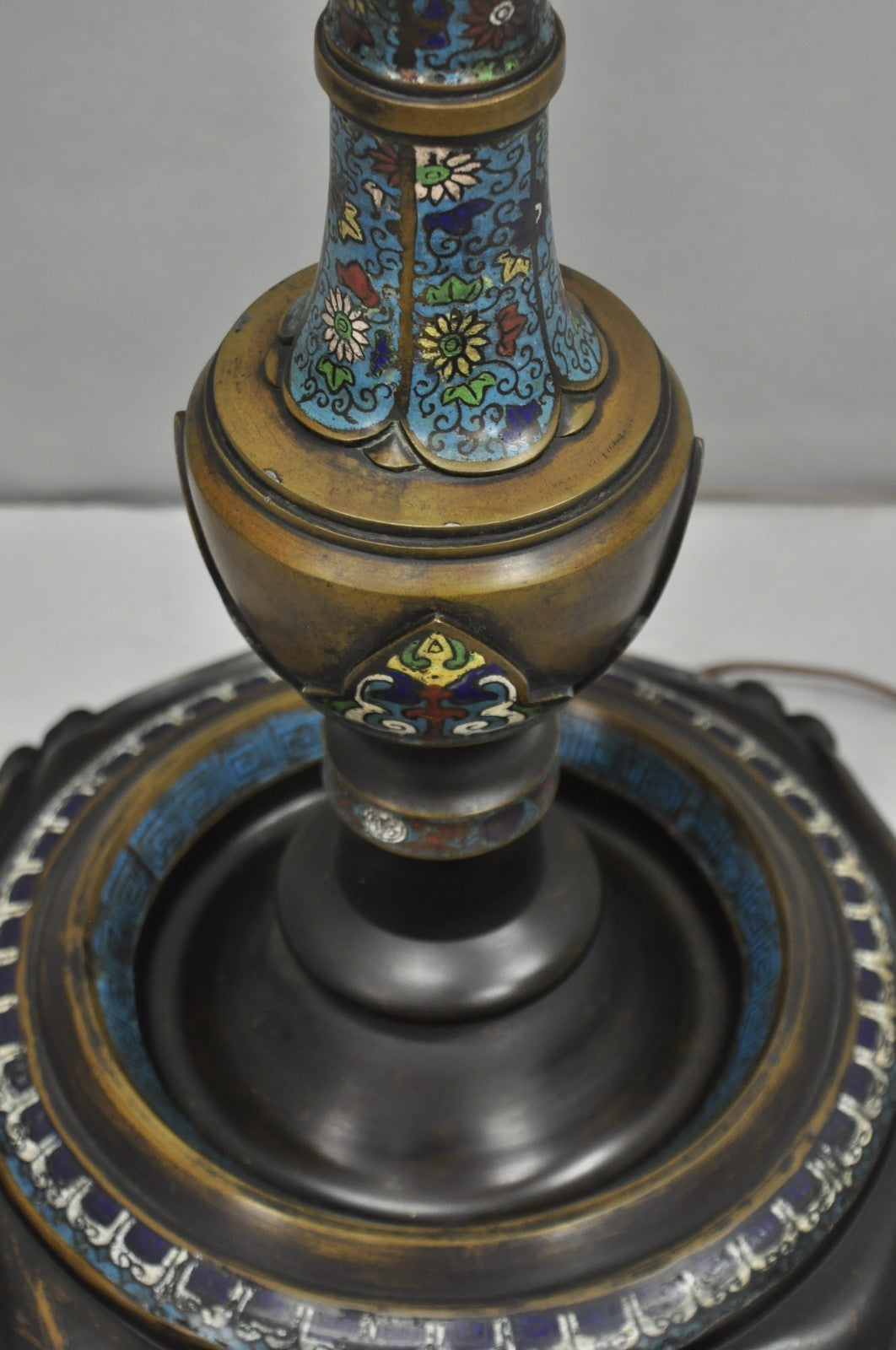 Antique Cloisonne Chinese Patinated Bronze Porcelain Enamel Pole Floor Lamp
