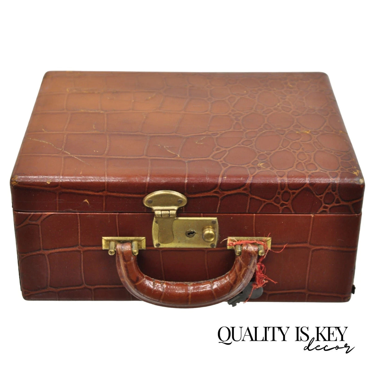Vintage Brown Leather Art Deco Faux Crocodile Small Toiletry Travel Vanity Case
