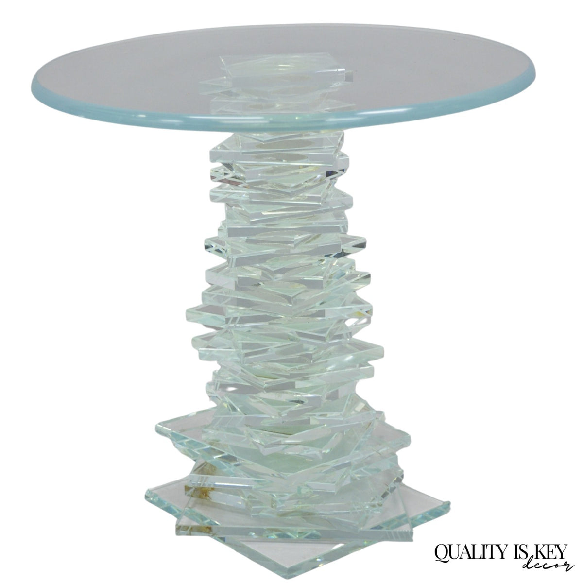 Vintage Mid Century Modern Stacked Glass Skyscraper Round Accent Side Table