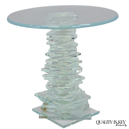 Vintage Mid Century Modern Stacked Glass Skyscraper Round Accent Side Table