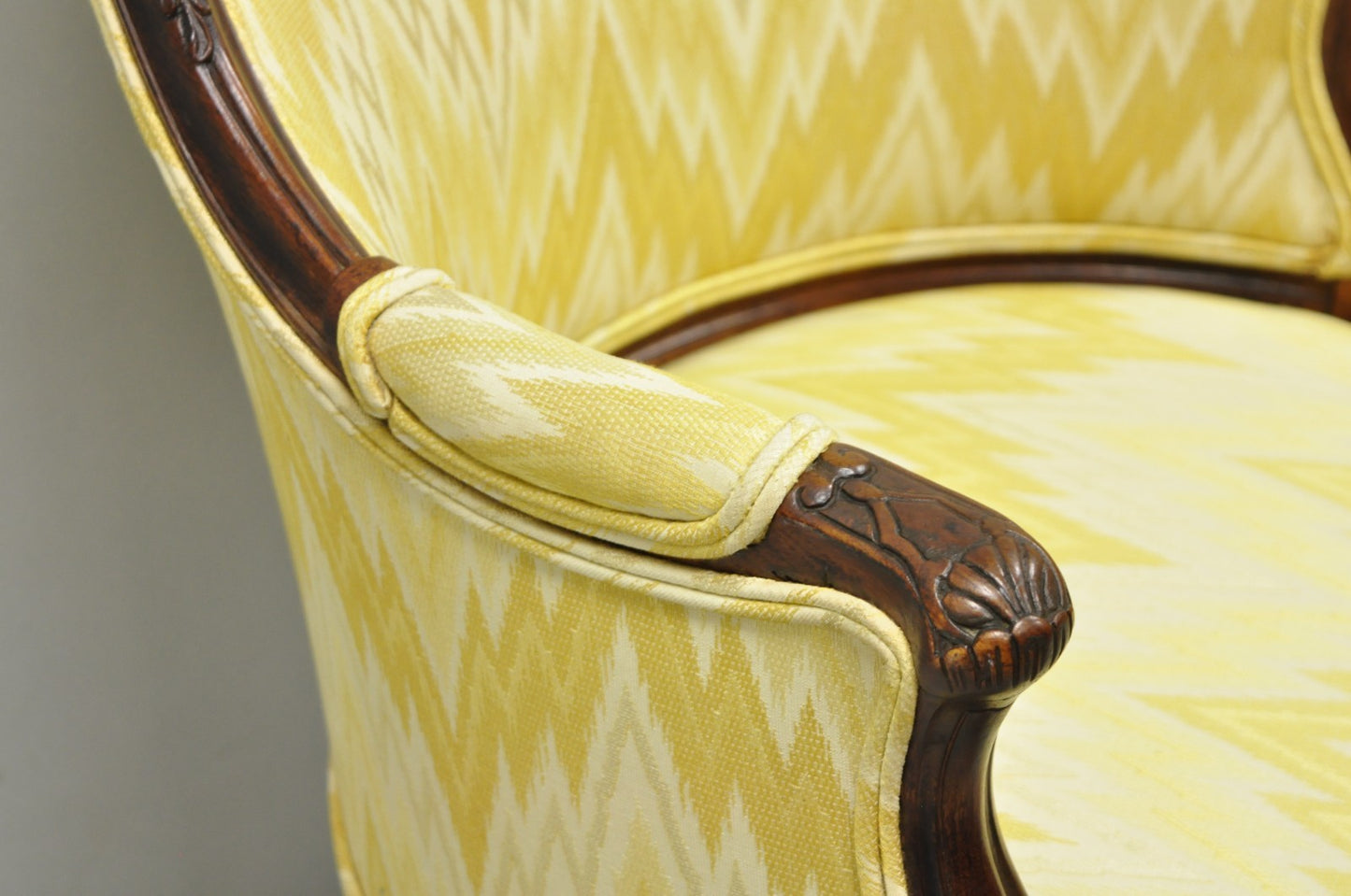 Antique French Louis XV Style Carved Walnut Yellow Fabric Boudoir Lounge Chair