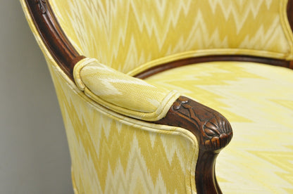 Antique French Louis XV Style Carved Walnut Yellow Fabric Boudoir Lounge Chair