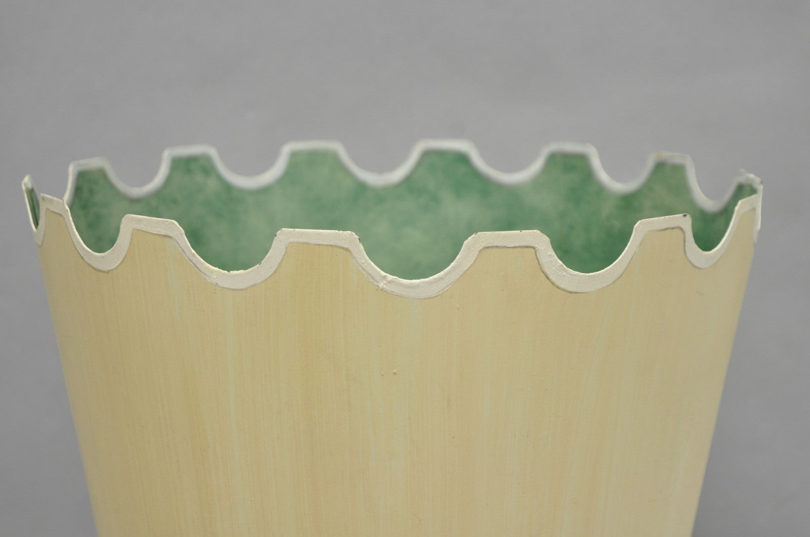 Vintage Italian Hollywood Regency Tole Metal Cream & Green Painted Wastebasket