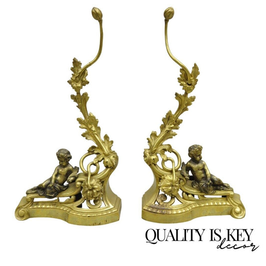 Antique French Louis XV Rococo Style Bronze Cherub Acanthus Leaf Andirons - Pair