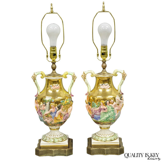 Antique Capodimonte Figural Porcelain Twin Handle Urn Gold Vase Table Lamps Pair