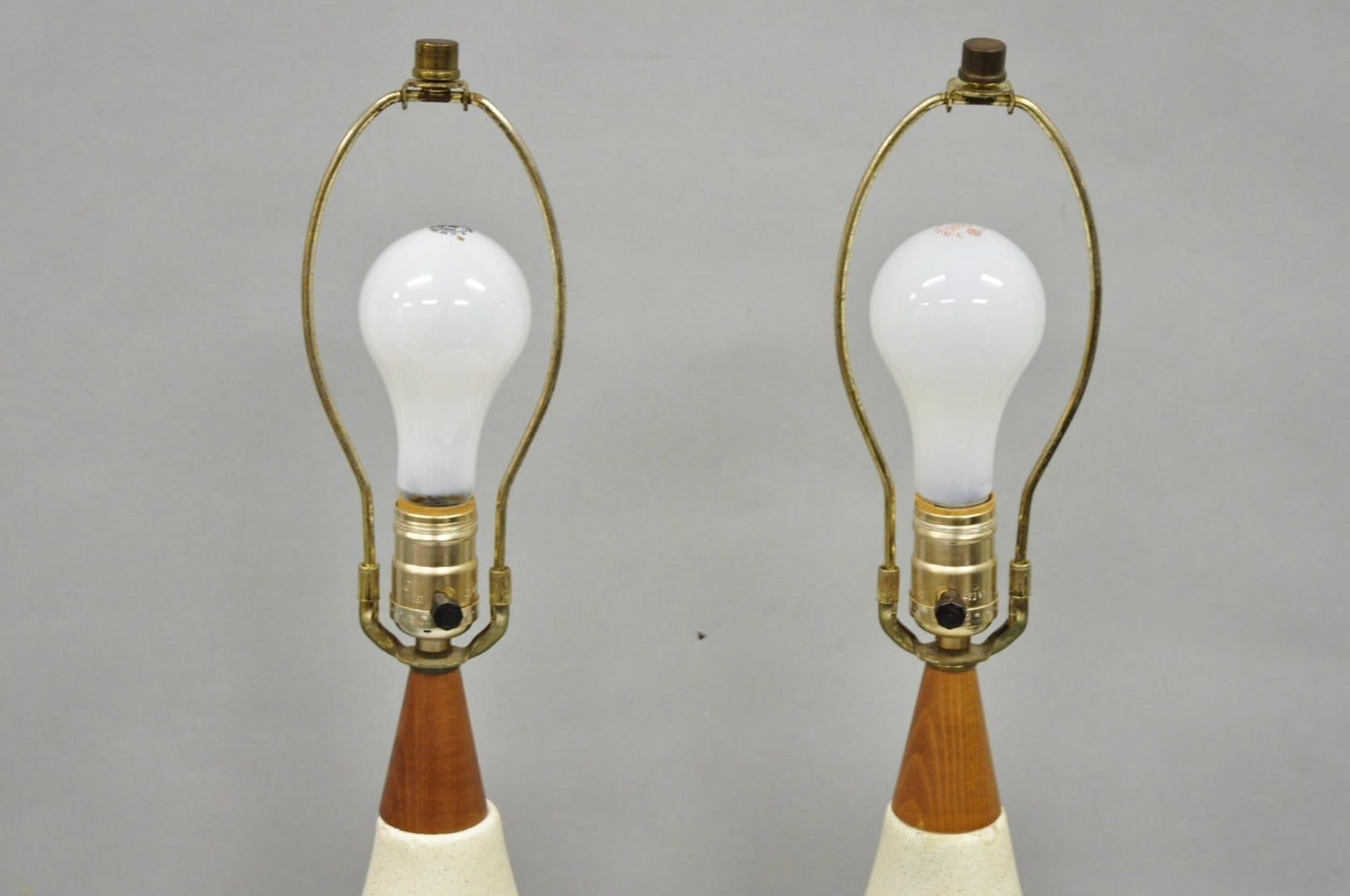 Vintage Mid Century Modern Ceramic Pottery Sculpted Teak Wood Table Lamps - Pair