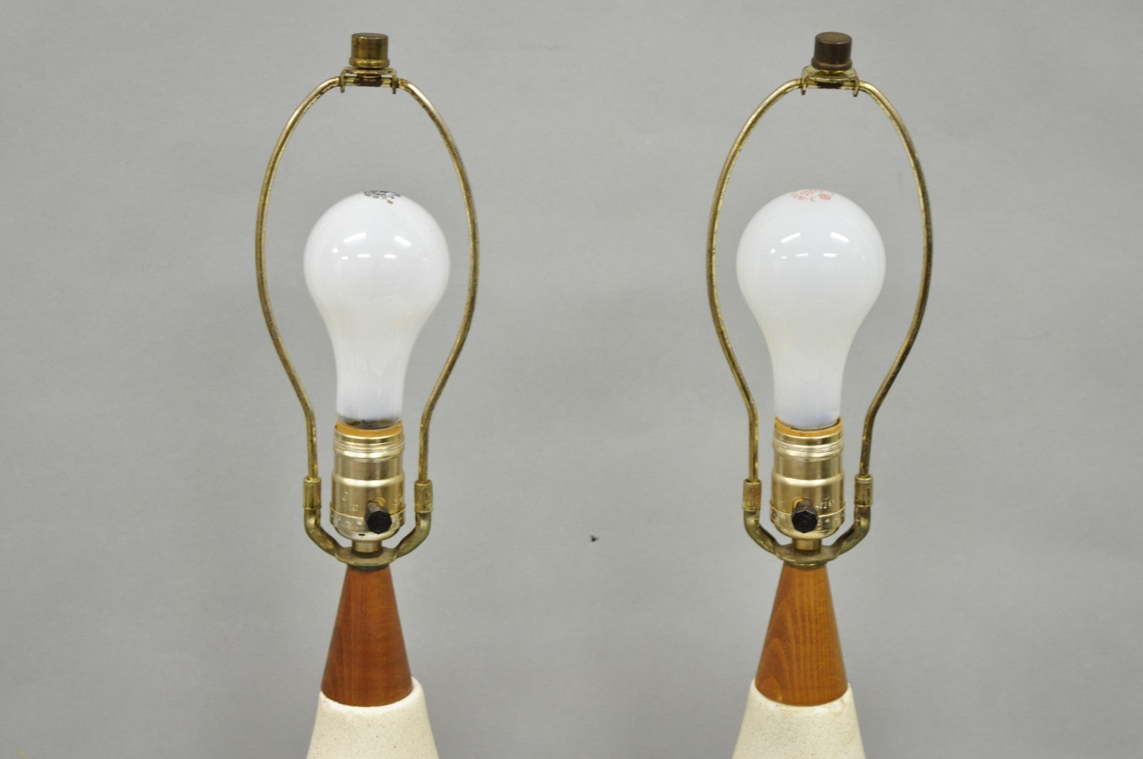 Vintage Mid Century Modern Ceramic Pottery Sculpted Teak Wood Table Lamps - Pair
