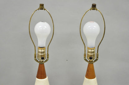 Vintage Mid Century Modern Ceramic Pottery Sculpted Teak Wood Table Lamps - Pair