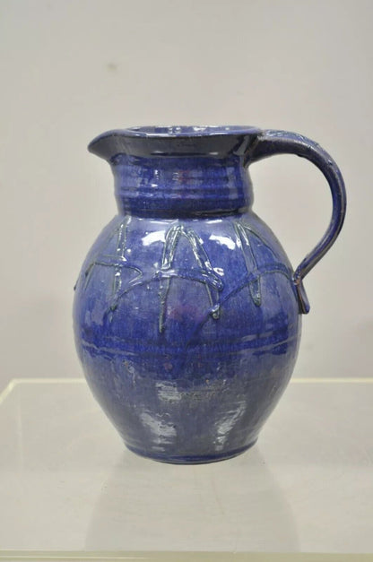 American Primitive Stoneware Blue Glazed Ceramic 11" Pottery Terracotta Jug